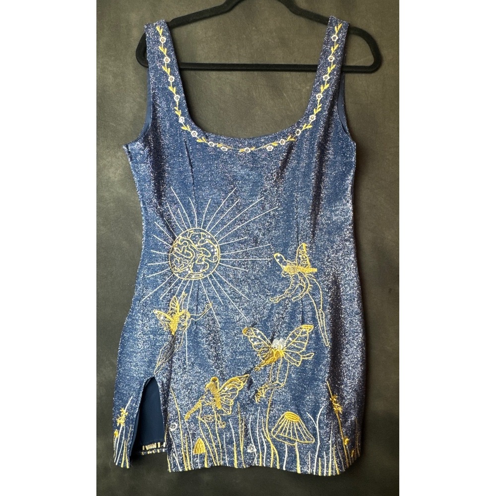 Blue Glitter Fairy Embroidered Mini Dress Celestial Sun Mushroom Side Slit S